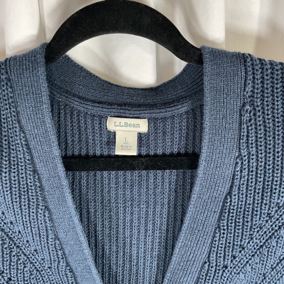 LL Bean Linen Cotton Button Up Cardigan Sweater Size L Pockets Navy GrandmaCore - Picture 3 of 8